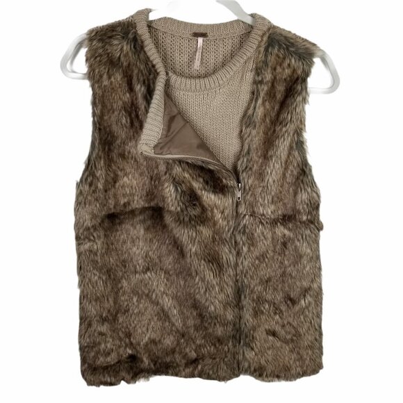 Poof! Faux Fur Front Vest Sweater Back Women's Small Brown Side Full Zip - Picture 1 of 8